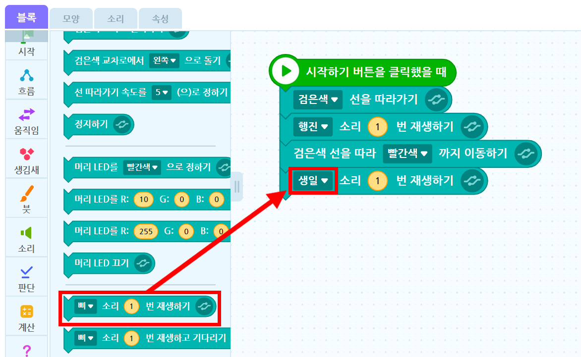 이미지. 블록 꾸러미와 블록 조립소의 스크린샷. 하드웨어 꾸러미에 삐 소리 1번 재생하기 블록이 강조 표시되어있다. 블록 조립소에 위치한 검은색 선을 따라 빨간색 까지 이동하기 블록과 연결된 생일(강조표시) 소리 1번 재생하기 블록 쪽으로 화살표가 그려져 있다.
