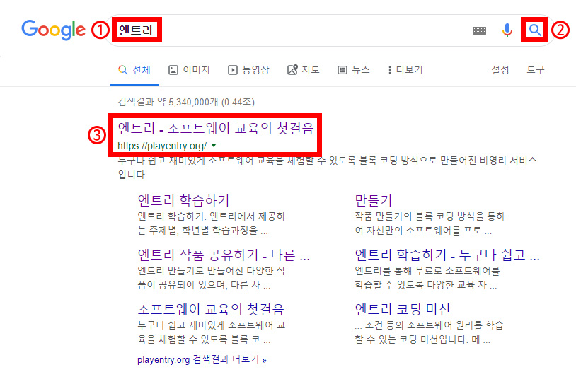 이미지. 검색창에 엔트리를 검색하여, 검색 첫 상단에 엔트리-소프트웨어 교육의 첫걸음이 나온 화면의 스크린샷, 검색창에 '엔트리'를 적은 부분에 강조 테두리와 1번이 적혀져 있고, 검색창의 검색 아이콘에 강조 테두리와 2번, 검색 상단에 엔트리 링크에 강조 테두리와 3번이 적혀져 있다.