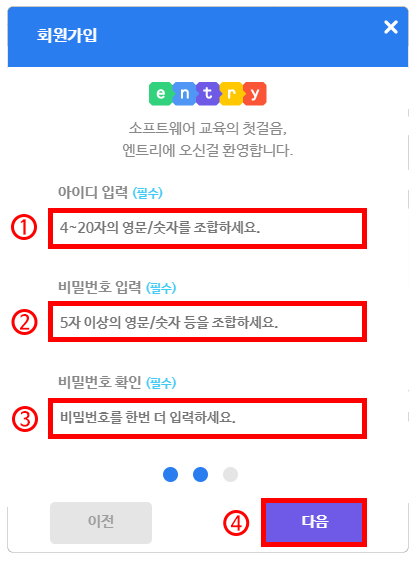 이미지.회원가입 화면의 두번째 화면. 아이디입력칸, 비밀번호 입력칸, 비밀번호 확인 칸, 이전 버튼, 다음 버튼이 있다. 아이디 입력 칸에 1번 숫자와 강조테두리, 비밀번호 입력 칸에 2번 숫자와 강조테두리, 비밀번호 확인 칸에 3번 숫자와 강조테두리, 다음 버튼에 4번 숫자와 강조 테두리가 있다.
