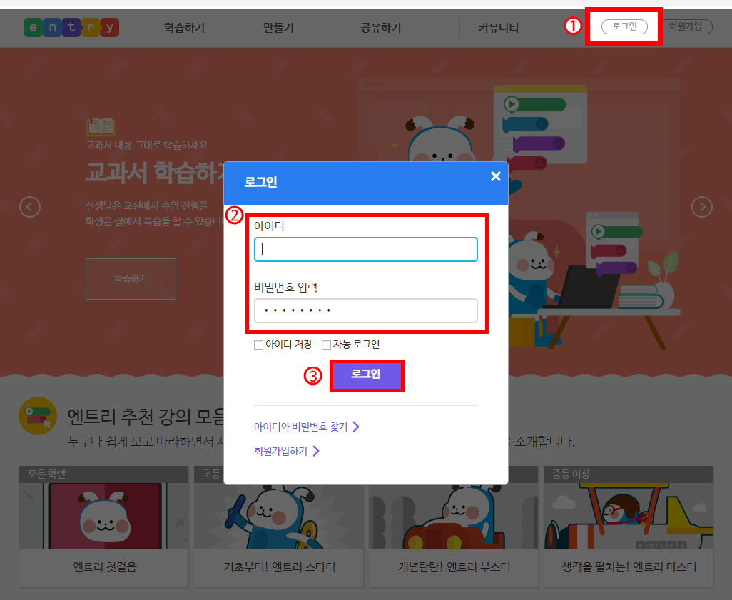 이미지. 엔트리 홈페이지의 로그인 화면, 상당에 로그인 버튼에 강조표시와 1번 숫자, 로그인 팝업창에 아이디와 비밀전호 입력 칸에 2번 숫자와 강조 테두리, 로그인 버튼에 3번 숫자와 강조 테두리가 있다.