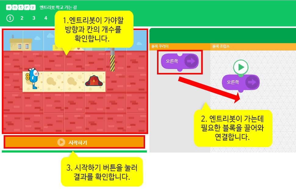 이미지. 학습모드 '엔트리봇 학교 가는 길'의 스크린샷. 1. 엔트리봇이 가야할 방향과 칸의 개수를 확인합니다. 2. 엔트리봇이 가는데 필요한 블록을 끌어와 연결합니다. 3. 시작하기 버튼을 확인합니다.