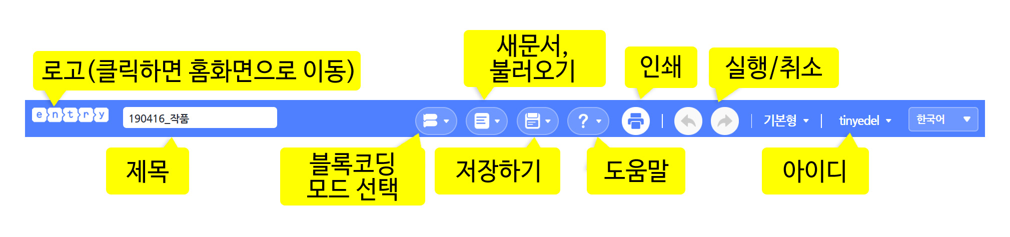 이미지. 엔트리 만들기 화면의 상단 메뉴 스크린샷. 왼쪽부터 로고(클릭하면 홈화면으로 이동), 제목, 블록코딩 모드 선택, 새문서, 불러오기, 저장하기, 도움말, 인쇄, 실행/취소, 아이디로 되어 있다.