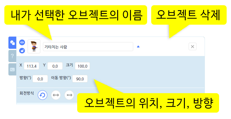 이미지. 오브젝트 목록 화면의 스크린샷. 내가 선택한 오브젝트의 이름, 오브젝트 삭제, 오브젝트의 위치, 크기, 방향 등을 볼 수 있다.