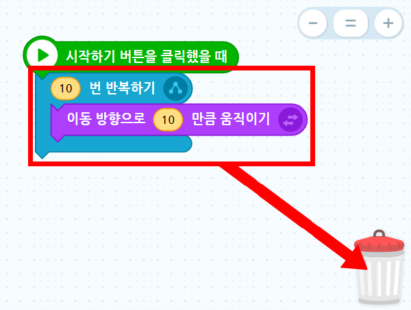 이미지. 엔트리 블록 조립소의 스크린샷. 10번 반복하기와 이동방향으로 10만큰 움직이기 블록이 연결되어있고 휴지통 쪽으로 빨간 화살표가 그려져 있다.