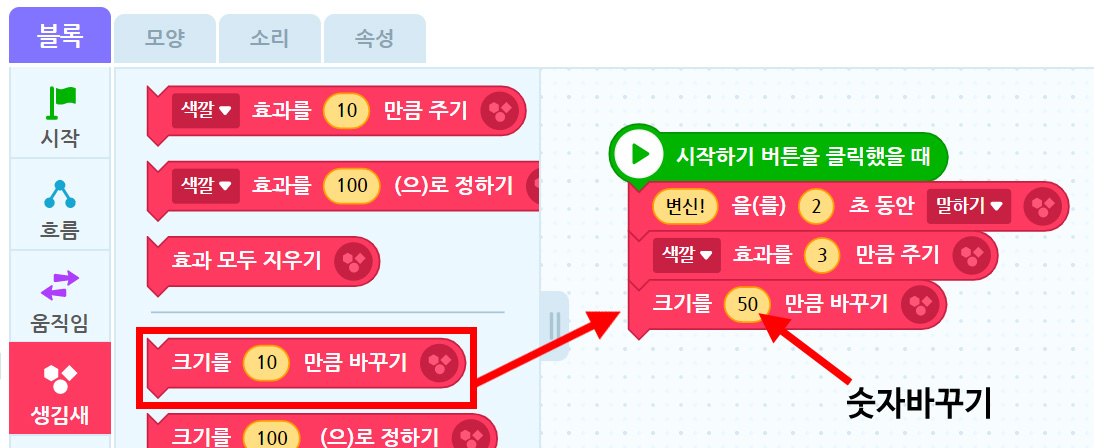 이미지. 엔트리블록 꾸러미와 블록 조립소의 스크린샷. 블록 꾸러미는 생김새 탭이 활성화 되어 있고,크기를 10만큼 바꾸기 블럭이 있다. 블록에 강조 표시가 되어있고, 블럭 조립소에 위치한 50초 기다리기 블록까지 빨간 화살표가 그려져 있다. '50'에 화살표로, 숫자바꾸기이라고 적혀져 있다.
