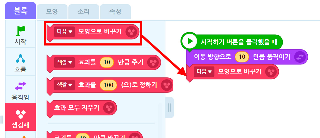 이미지. 엔트리블록 꾸러미와 블록 조립소의 스크린샷. 블록 꾸러미는 생김새 탭이 활성화 되어 있고, 다음 모양으로 바꾸기 블럭에 강조표시가 되어 있다. 블럭 조립소에 위치한 다음 모양으로 바꾸기 블록 쪽으로 빨간 화살표가 그려져 있다.