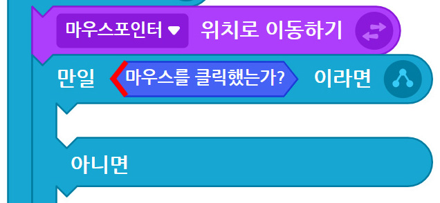 이미지. 마우스 포인터 위치로 이동하기 블록과 만일 마우스를 클릭했는 가? 이라면~ 아니면~ 블록이 연결되어 있는 스크린샷. 마우스를 클릭했는가? 의 왼쪽 모서리에 강조 표시가 되어 있다.
