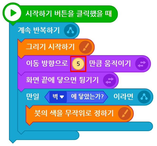 이미지. 엔트리블록 꾸러미와 블록 조립소의 스크린샷. 블록 꾸러미는 판단 탭이 활성화 되어 있고, 마우스 포인터에 닿았는가? 블럭에 강조표시가 되어 있다. 블럭 조립소에 위치한 만일 마우스 포인터에 닿았는가? 이라면 블록에 '마우스 포인터에 닿았는가'가 강조표시 되어있고 해당 쪽으로 빨간 화살표가 그려져 있다. 마우스포인터에 닿았는가 블록의 옵션창이 열려져 있으며, 벽에 강조 테두리가 되어 있다.