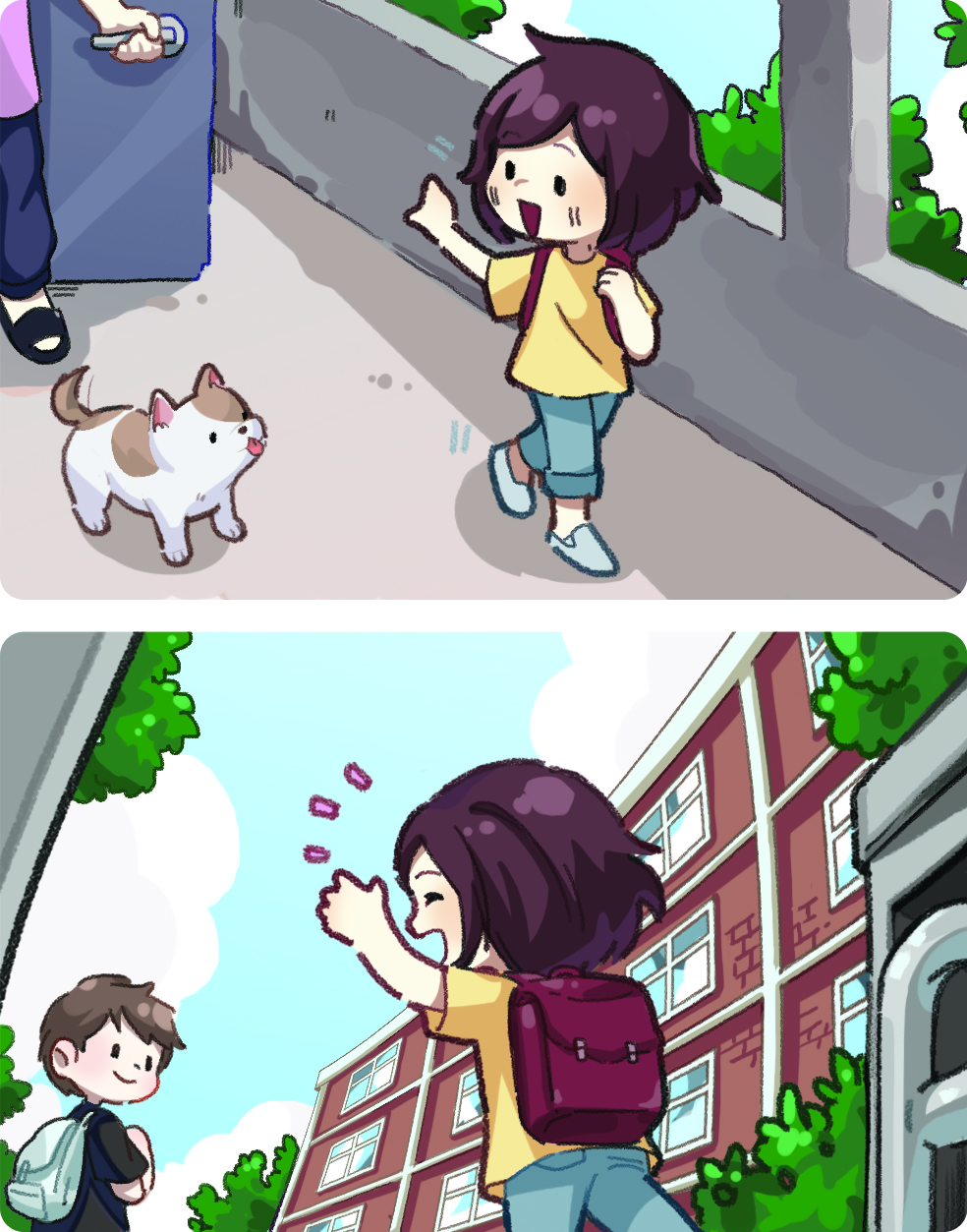 이미지. 집에서 나오는 학생의 모습 그림, 학교에 등교하고 있는 학생의 모습그림