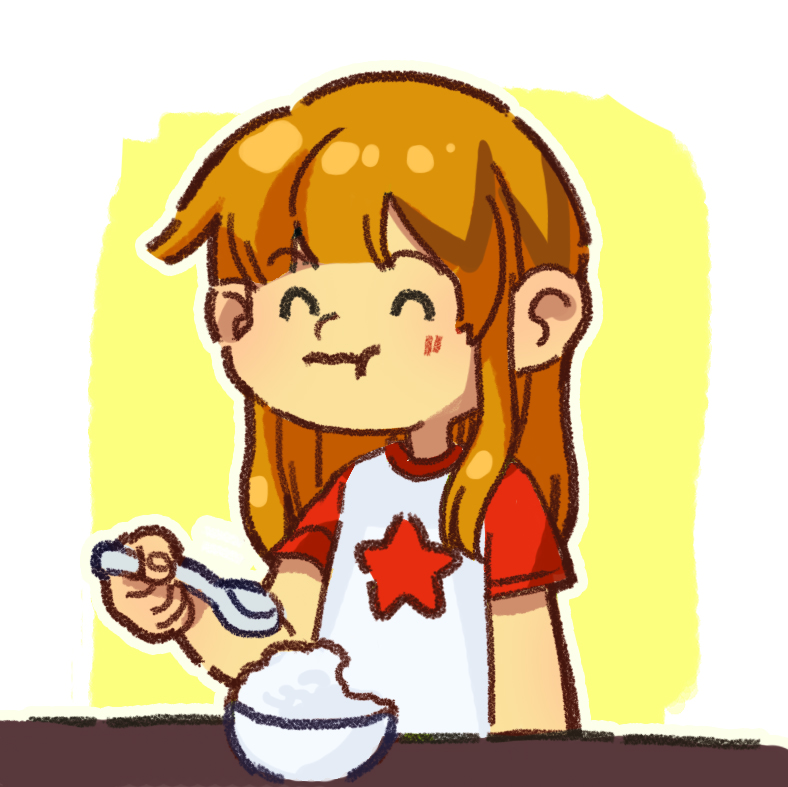 이미지. 아침밥을 먹고 있는 여자아이의 그림.