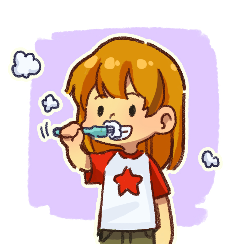 이미지. 양치질을 하고 있는 여자아이의 그림.