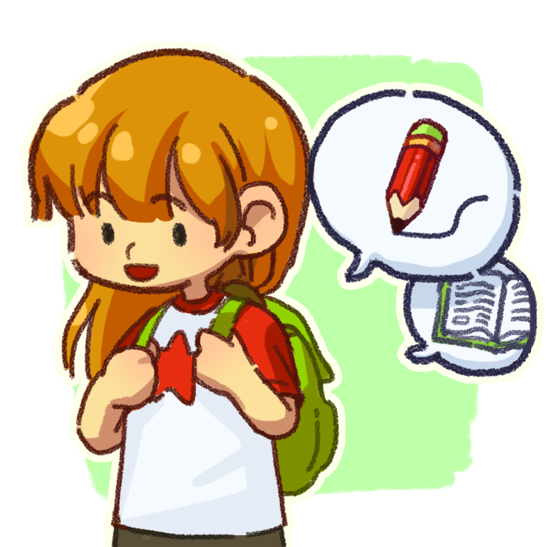 이미지. 필기구와 책 등을 가방에 챙긴 여자아이의 그림.