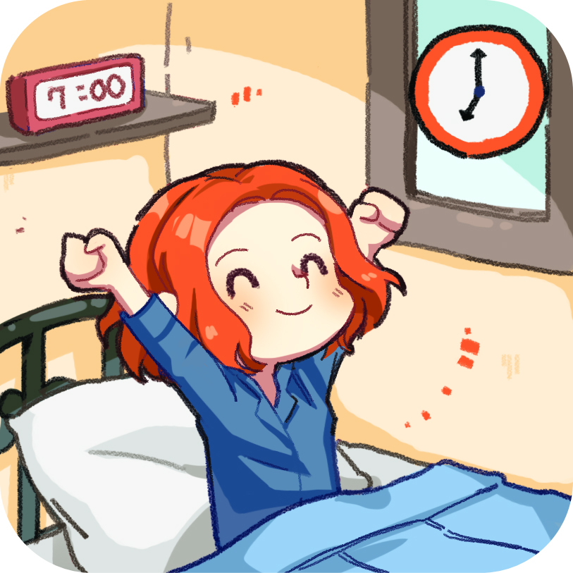 이미지. 오전 7시, 루프씨가 기상하고 있는 그림.