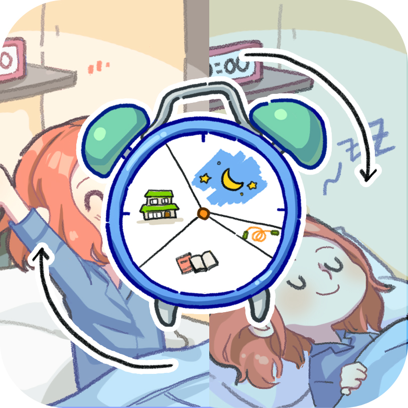 이미지. 루프씨의 하루가 매일 반복되고 있는 것을 표현하고 있는 그림.