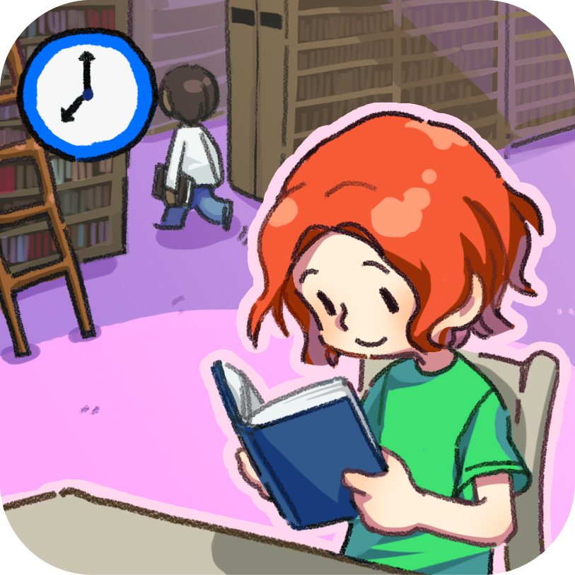 이미지. 루프씨가 도서관에서 책을 읽는 그림