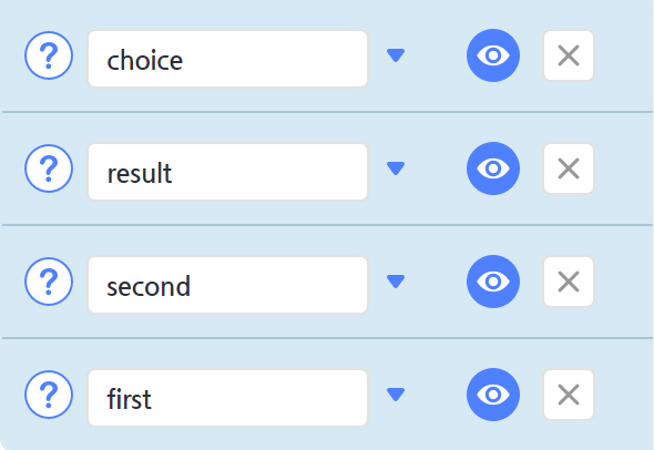 이미지. 오브젝트의 속성탭의 스크린샷. 변수 이름이 choice, result, second, first 가 적혀 있다.