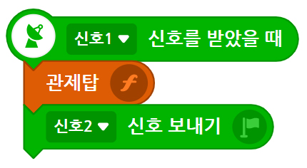 이미지. 블록들 이미지. 신호1신호를 받았을 때 블록, 관제탑 블록, 신호2 신호보내기 블록이 연결되어 있다.