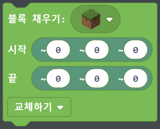 이미지.  블록 채우기 잔디 블록, 시작 위치(0,0,0), 끝 위치 (0,0,0) 교체하기 블록