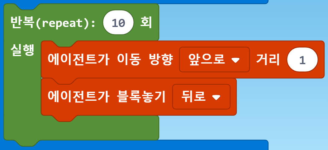 이미지. 반복(repeat) 10회 실행 블록, 에이전트가 이동 방향 앞으로 거리1 블록 에이전트가 블록놓기 뒤로 블록이 연결되어 있는 블록