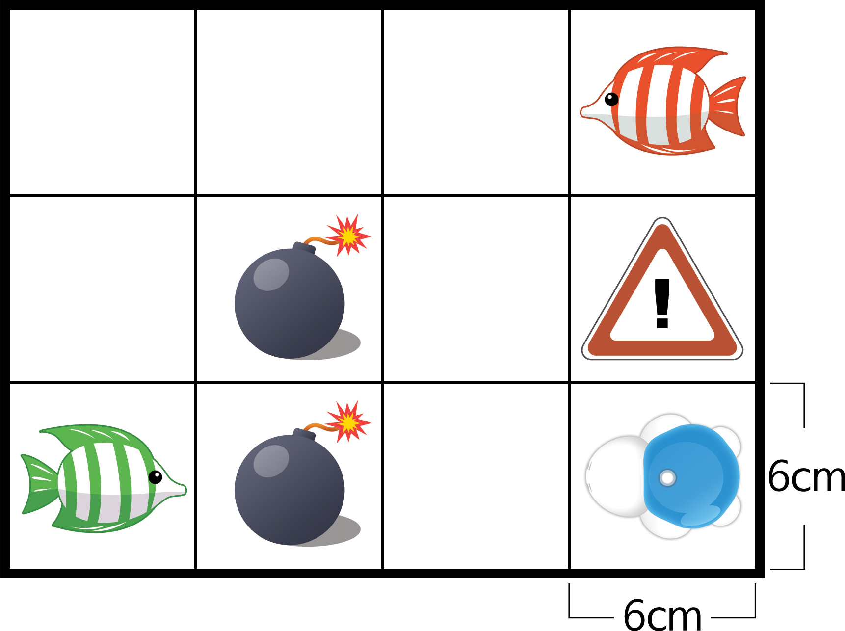 이미지. 한칸의 크기가 6cm x 6cm인 4x3의 박스. 첫번째 줄의 네번째칸에 물고기 그림, 두번째줄의 두번째 칸에 폭탄 그림, 네번째 칸에 경고 이미지, 세번째 줄의 첫번째 칸에 물고기 그림, 두번째 칸에 폭탄 그림, 네번째 칸에 터틀 로봇 그림