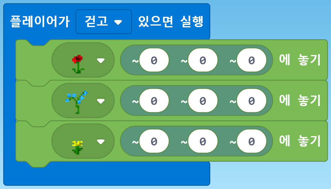이미지. 플레이어가 걷고 있으면 실행 블록, 꽃 블록을 위치(0,0,0)에 놓기 블록, 다른 꽃 블록을 위치(0,0,0)에 놓기 블록, 다른 꽃 블록을 위치(0,0,0)에 놓기 블록이 연결되어 있는 블록