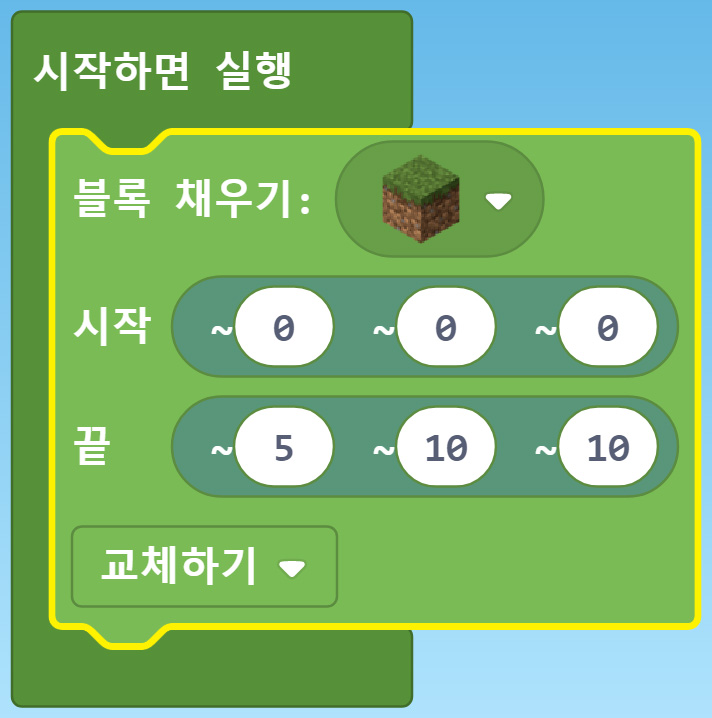 이미지. 시작하면 실행 블록과 블록 채우기:초원블록, 시작 위치(0,0,0), 끝 위치(5,10,10) 교체하기 블록이 연결되어있는 스크린샷