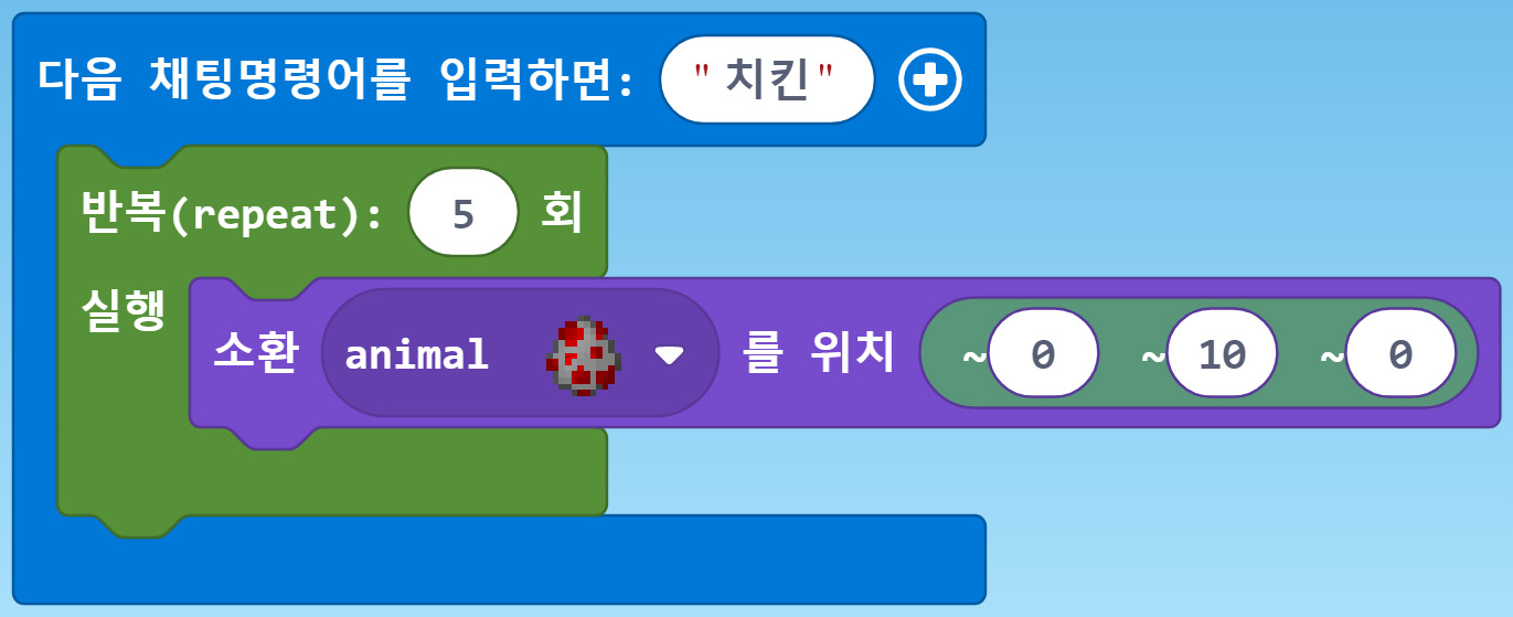 이미지. 다음 채팅명령어를 입력하면:치킨 블록, 반복(repeat) 5회 실행 블록, 소환 animal을 위치(0,10,0) 블록이 연결되어 있는 블록