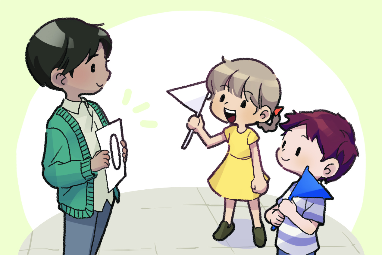 이미지. 두 명의 학생이 청기백기 게임을 하는 모습의 그림