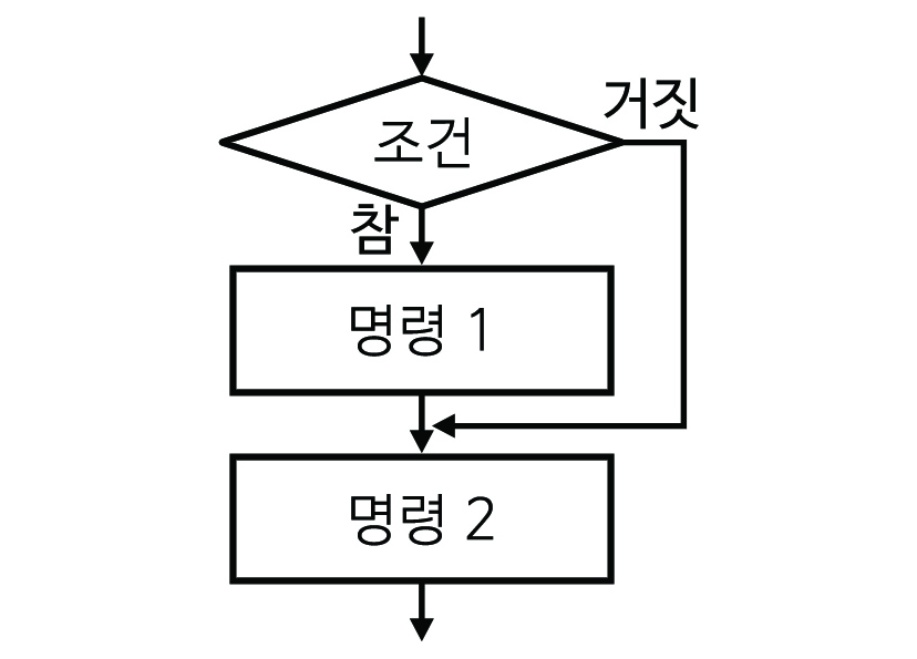 이미지. 순서도에서의 선택 구조. 조건에 따라 참이면 명령 1, 명령 2 순서로 실행되며 거짓이면 명령 2 순서로 이동한 다음 실행한다.