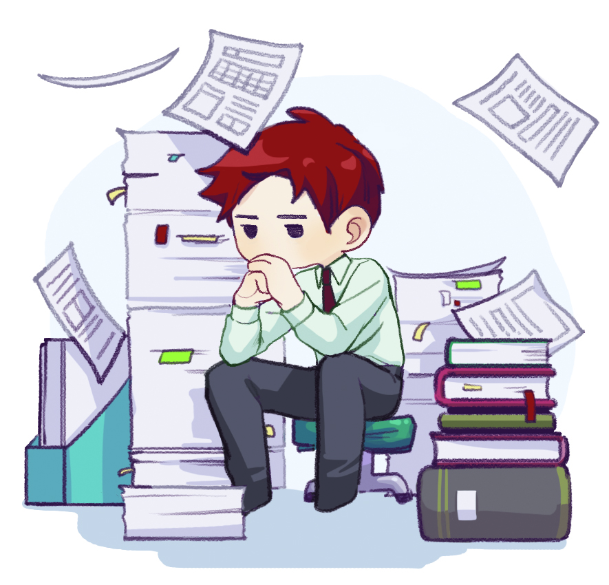 이미지. 학생이 책상앞에 놓여진 메모와 공책등을 놓고 어떻게 해야할지 고민하고 있는 그림