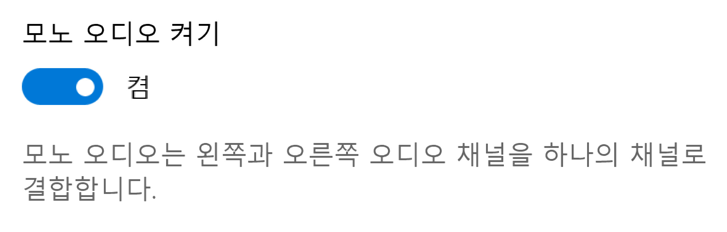이미지. 모노 오디오 켜기의 스크린샷. 스위치 버튼이 켜져있다.