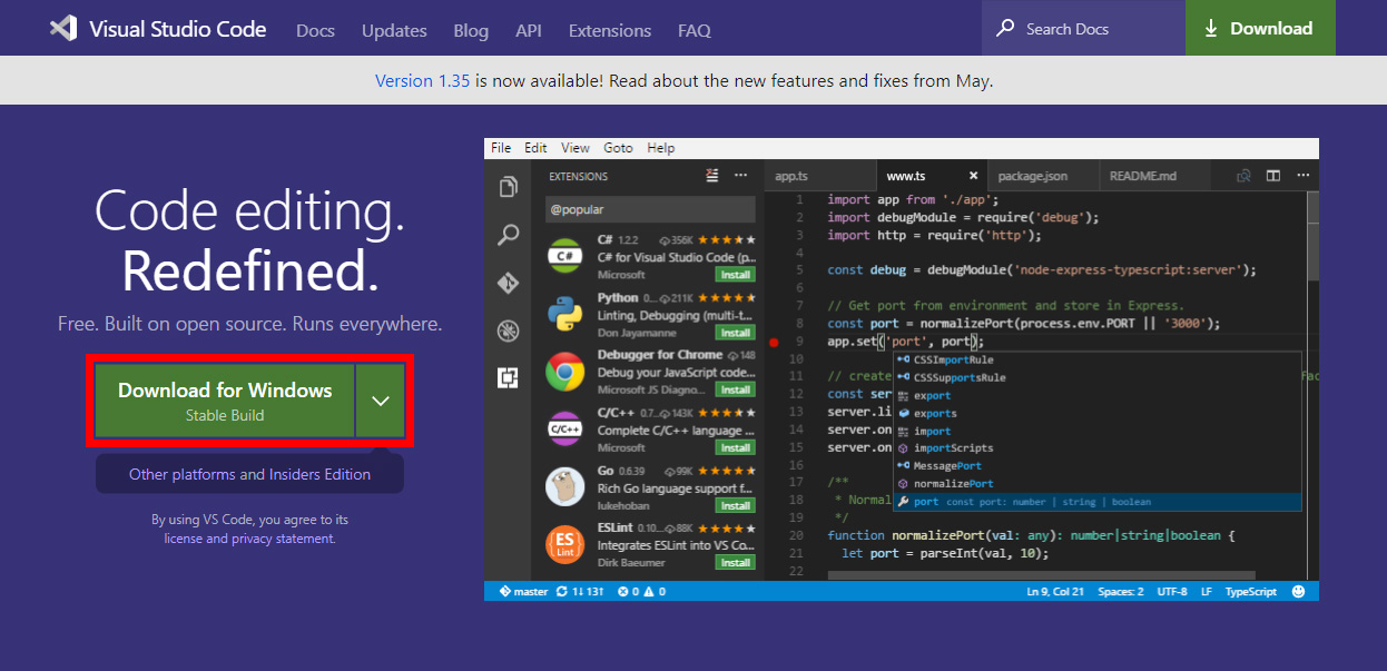이미지. 비주얼 스튜디오 코드 웹페이지에서 'Download for Windows'를 강조