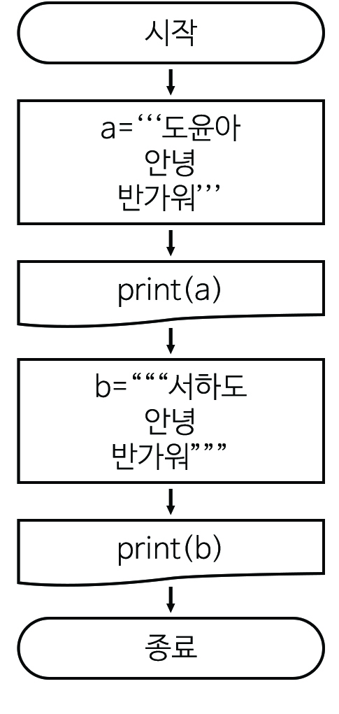 이미지. 3_3.py의 순서도. 시작,a="도윤아 안녕 반가워", print(a), b="서하도 안녕 나도 반가워", print(b), 종료