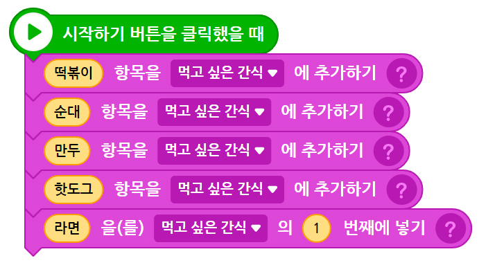 이미지. 시작하기 버튼을 클릭했을 때 블록, 떡볶이 항목을 먹고 싶은 간식에 추가하기 블록, 순대 항목을 먹고 싶은 간식에 추가하기 블록, 만두 항목을 먹고싶은 간식에 추가하기 블록, 핫도그 항목을 먹고 싶은 간식에 추가하기  블록, 라면을 먹고싶은 간식의 1번째에 넣기 블록이 연결되어 있는 스크린샷