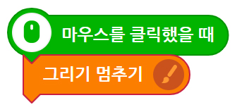 이미지. 마우스를 클릭했을 때 블록, 그리기 멈추기 블록이 연결되어 있는 스크린샷