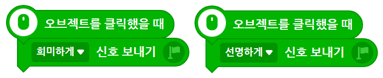 이미지. 연결된 블록의 스크린샷 2개가 있는 이미지. 1. 오브젝트를 클릭했을 때 블록, 희미하게 신호 보내기 블록이 연결되어 있는 스크린샷. 2. 오브젝트를 클릭했을 때 블록, 선명하게 신호 보내기 블록이 연결되어 있는 스크린샷.