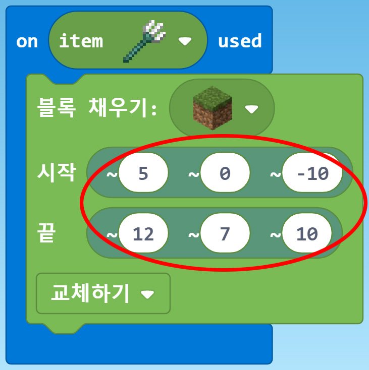 이미지. on item 삼지창 used 블록, 블록 채우기 잔디블록, 시작 (5,0,10), 끝 (12,7,10) 교체하기 블록이 연결되어 있는 블록