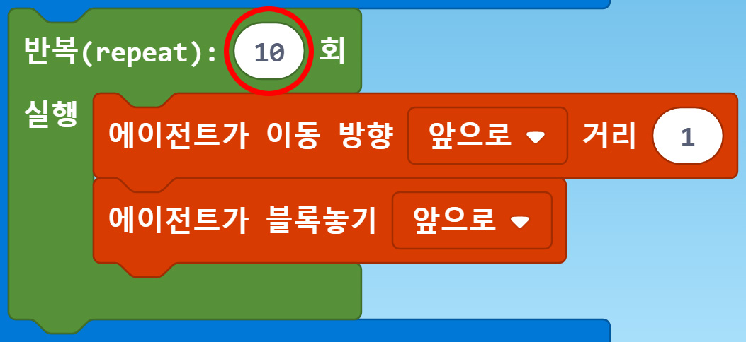 이미지. 반복(repeat) 10회 실행 블록, 에이전트가 이동 방향 앞으로 거리1 블록 에이전트가 블록놓기 앞으로 블록이 연결되어 있는 블록. 10회에 강조표시