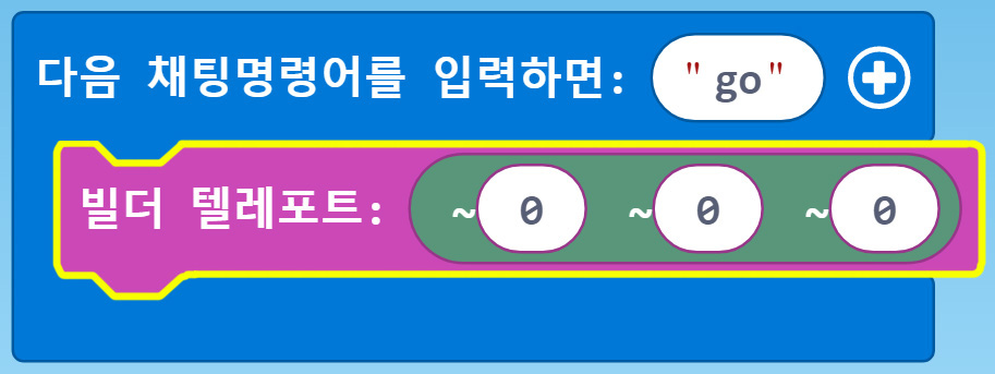 이미지. 다음 채팅명령어를 입력하면 go 블록, 빌더 텔레포트(0,0,0) 블록이 연결되어 있는 블록, 빌더 텔레포트 블록에 강조표시