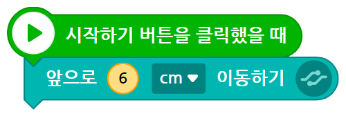 이미지. 시작하기 버튼을 클릭했을 때 블록, 앞으로 6cm 이동하기 블록이 연결되어 있는 스크린샷
