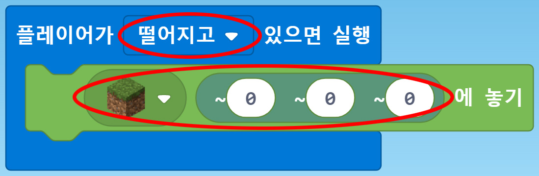 이미지. 플레이어가 떨어지고 있으면 실행, 초원 블록 위치(0,0,0)에 놓기, 떨어지고와 초원블록 위치에 강조 표시