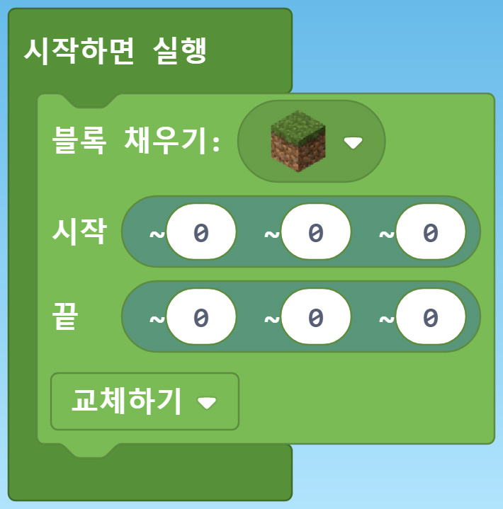 이미지. 시작하면 실행 블록과 블록 채우기:초원블록, 시작 위치(0,0,0), 끝 위치(0,0,0) 교체하기 블록이 연결되어있는 스크린샷. 