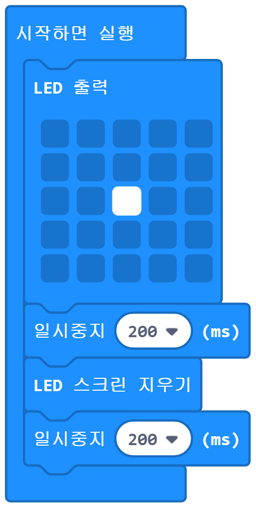 이미지. 메이크코드 마이크로비트 블록코딩의 스크린샷. 시작하면 실행 블럭 안에 LED출력, 일시중지 200ms, LED 스크린 지우기, 일시중지 200ms 블럭들이 순차적으로 들어가 있다.