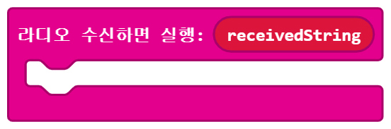 이미지. 메이크코드 마이크로비트 블록코딩의 스크린샷. 라디오로 문자열을 수신하면 실행 블록