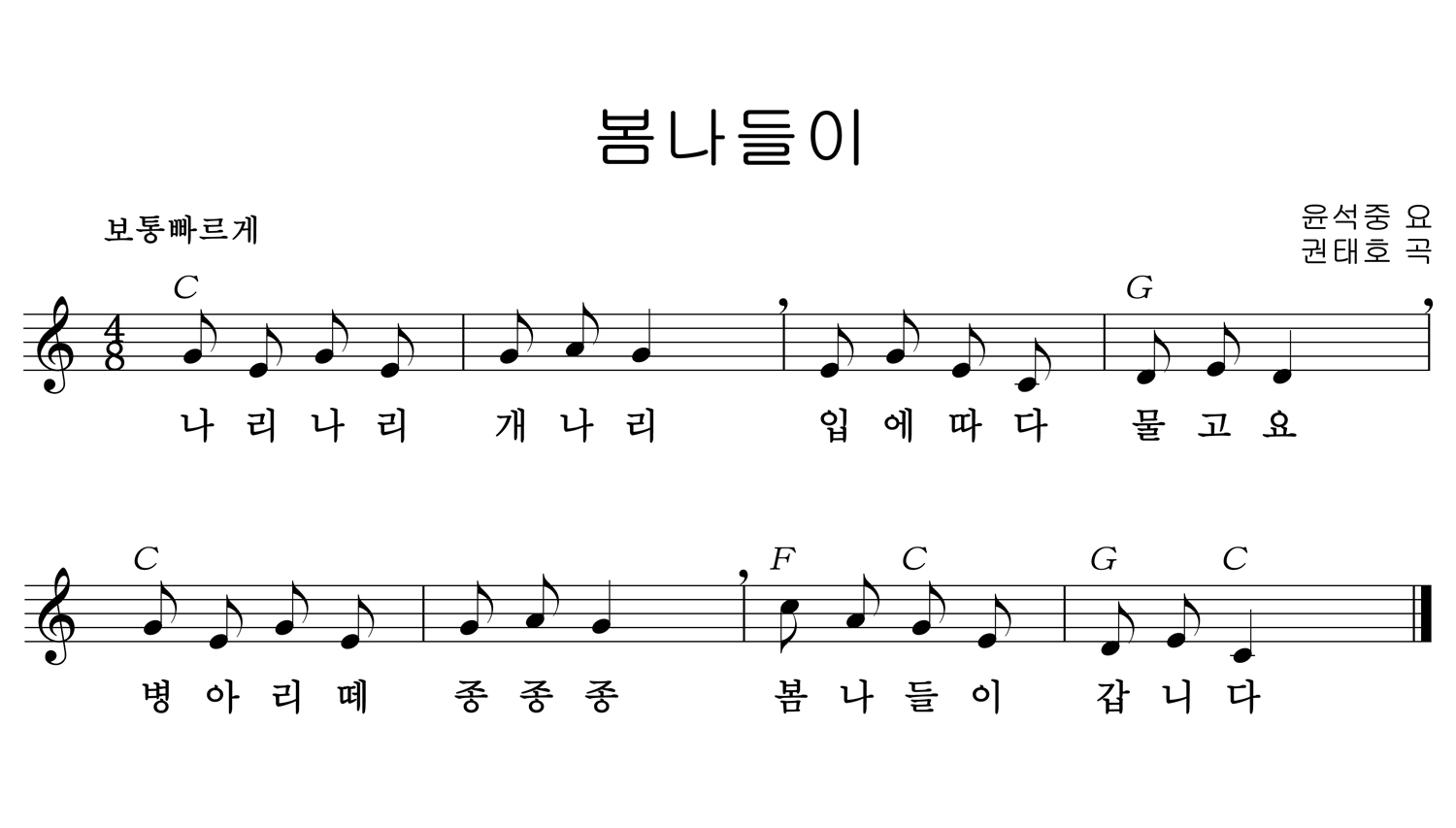 이미지. 봄나들이 악보. 총 28개의 음이 있다. 순서대로 솔, 미, 솔, 미, 솔, 라, 솔, 미, 솔, 미, 도, 레, 미, 레, 솔, 미, 솔, 미, 솔, 라, 솔, 높은 도, 라, 솔, 미, 레, 미, 도.