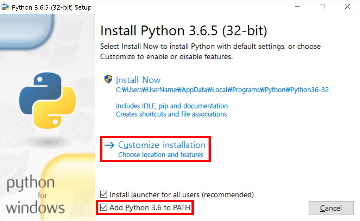 이미지. 파이선 설치 프로그램을 실행한 첫화면 스크린샷. Customize installation과 Add Python 3 점 6 to PATH에 붉은 선으로 강조.
