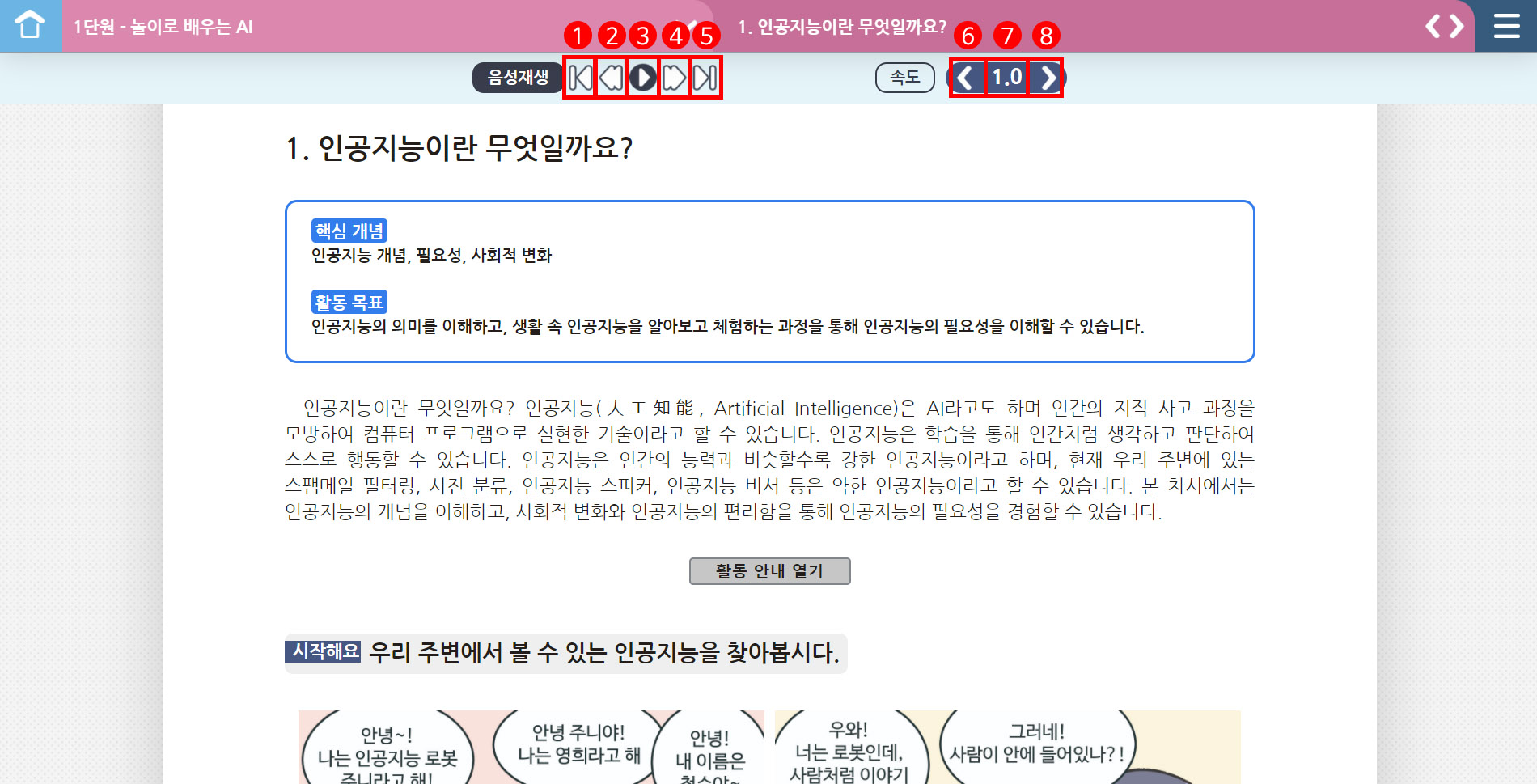 페이지 상단에 음성 재생 제어 버튼들을 붉은 선으로 표시해놓은 스크린샷