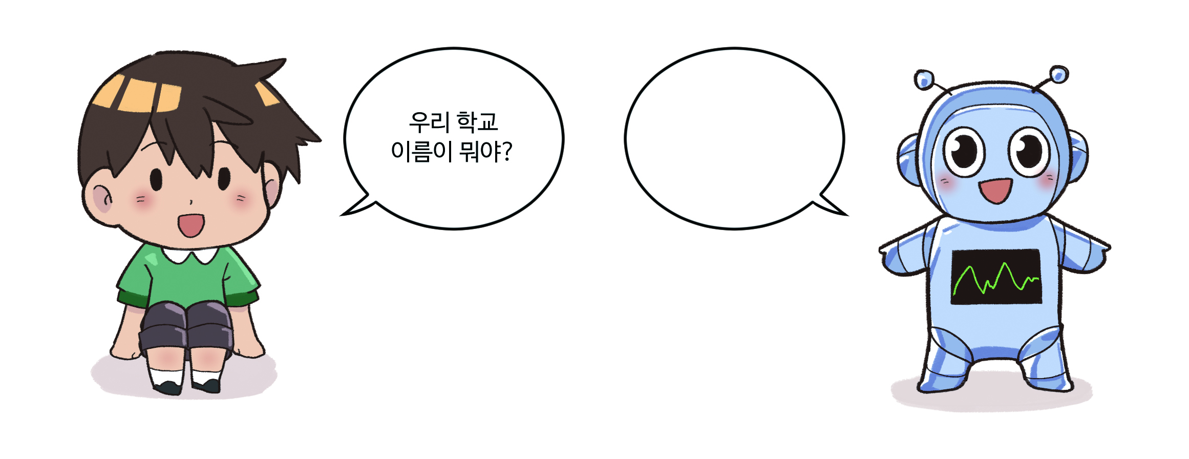 왼쪽에 사람, 오른쪽에 로봇 그림. 사람: 우리 학교 이름이 뭐야? / 로봇 : (빈 말풍선)
