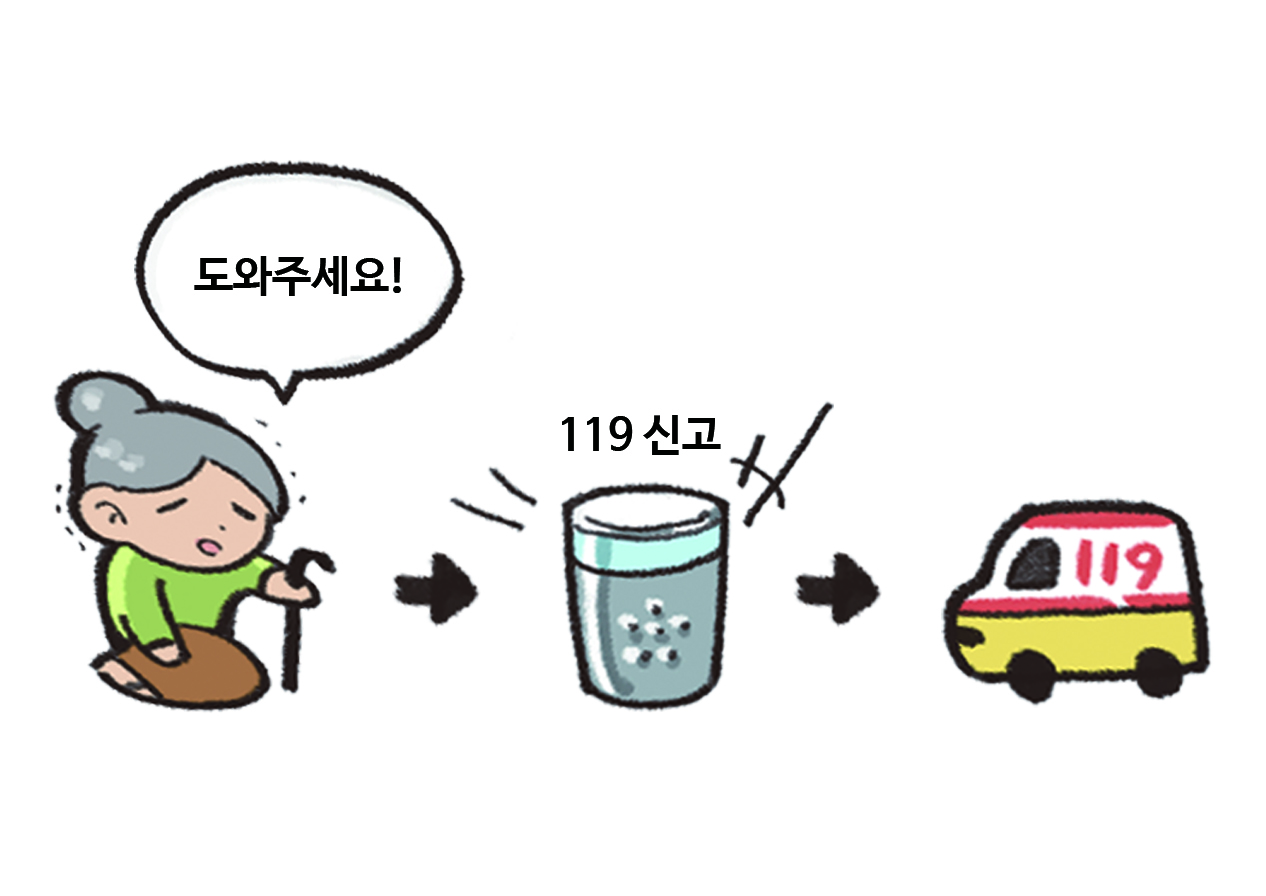 할머니가 도와달라고 말하고 있고 인공지능 스피커가 119에 신고하는 그림