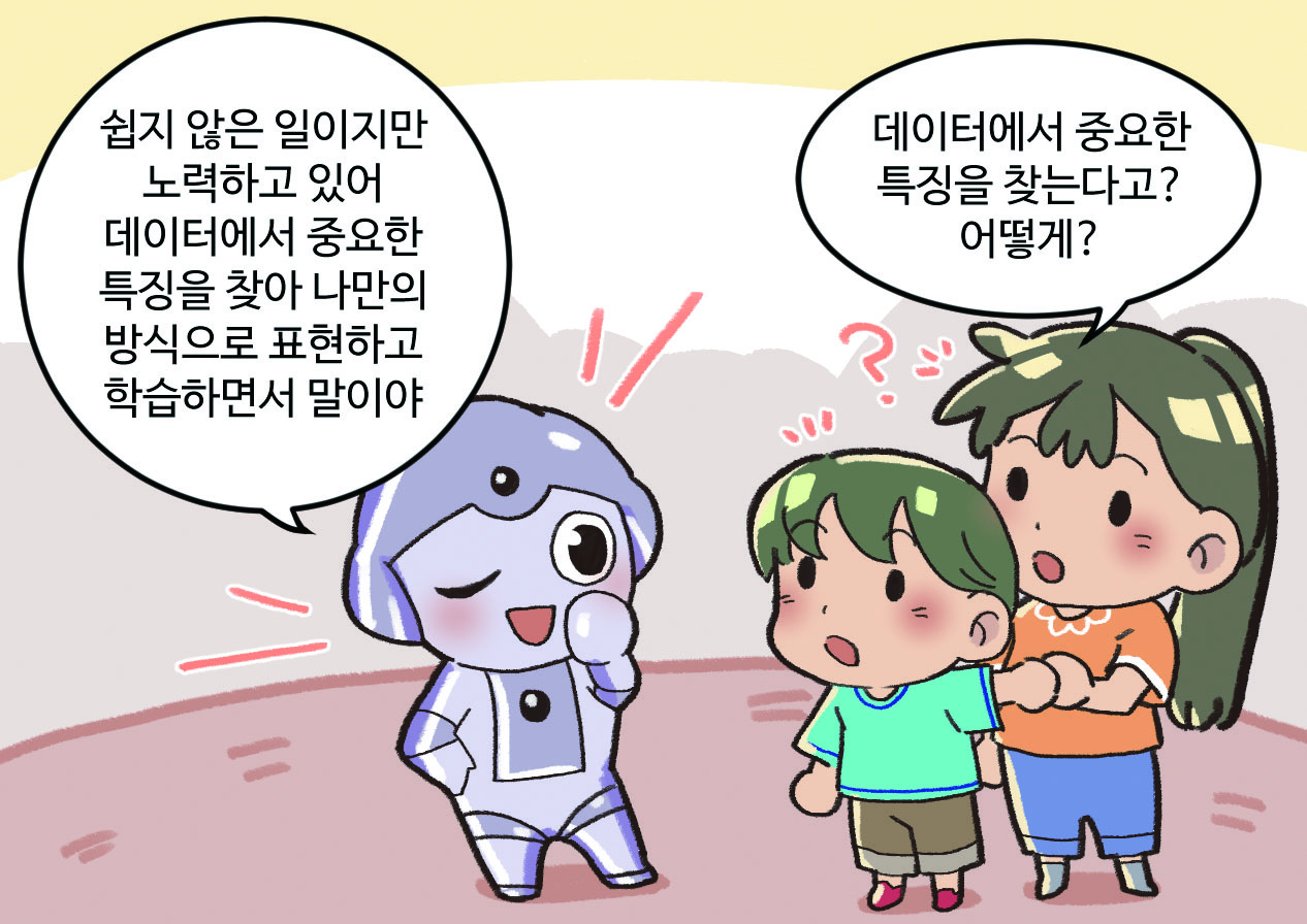 로봇이 설명하고 남매가 질문하는 그림. 로봇: 쉽지 않은 일이지만 노력하고 있어. 데이터에서 중요한 특징을 찾아 ㄴ나만의 방식으로 표현하고 학습하면서 말이야. / 누나: 데이터에서 중요한 특징을 찾는다고? 어떻게?